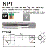 Mũi taro ren ống hệ Inch NPT Yamawa NPT 1/8-27