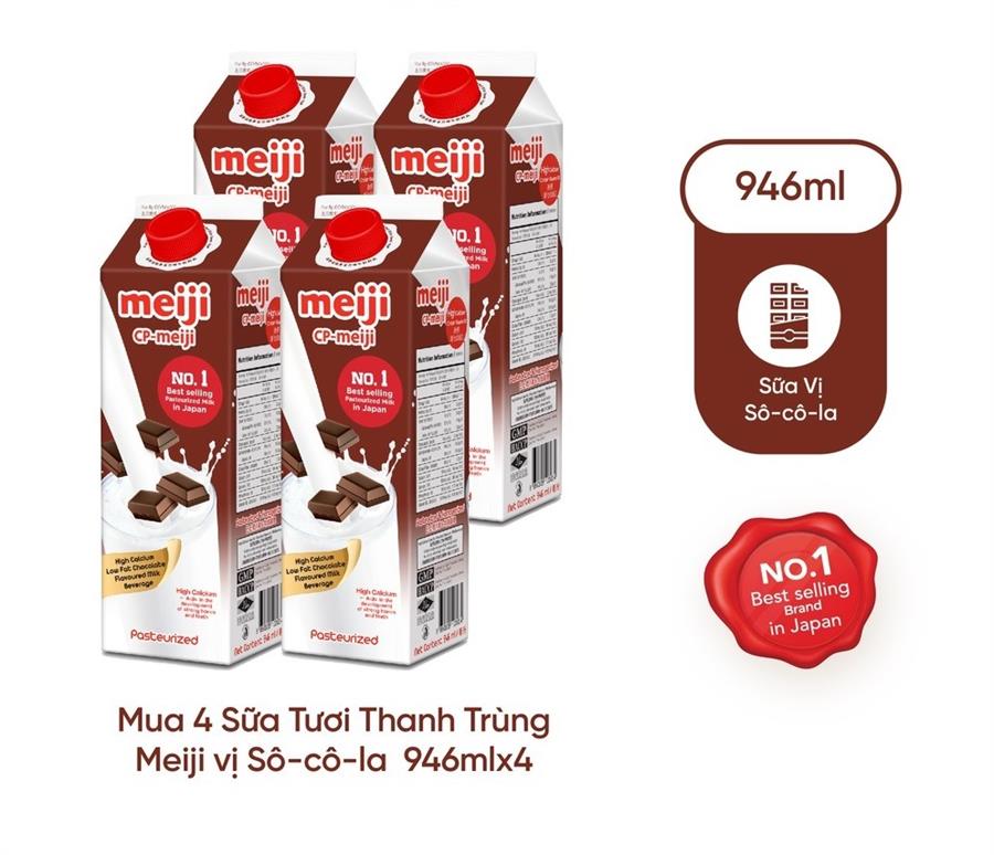 Combo 4  Sữa thanh trùng Meiji vị socola, canxi cao, ít béo 946ml