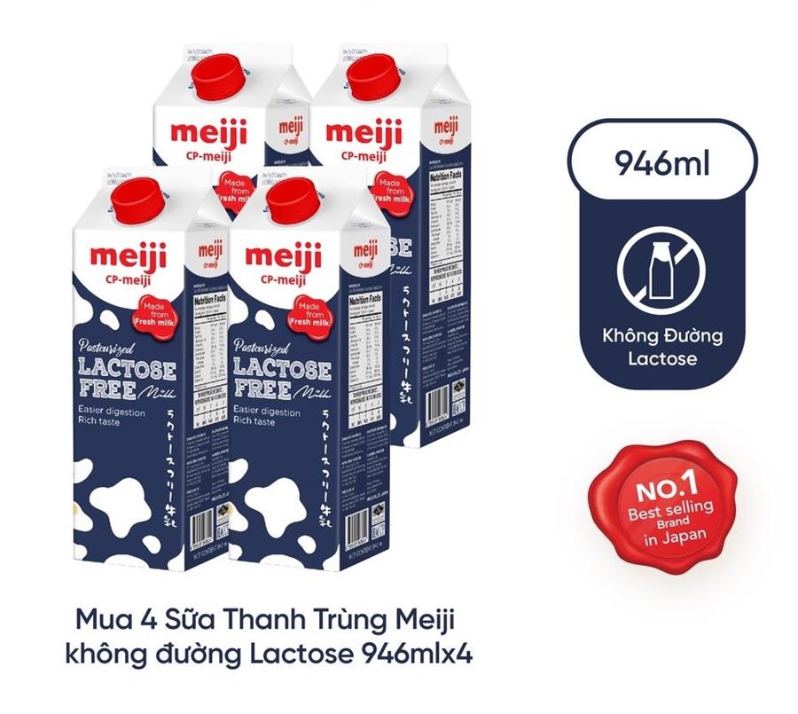 Combo 4 - Sữa Tươi Thanh Trùng Không đường Lactose Meiji - Lactose Free Milk  946ml